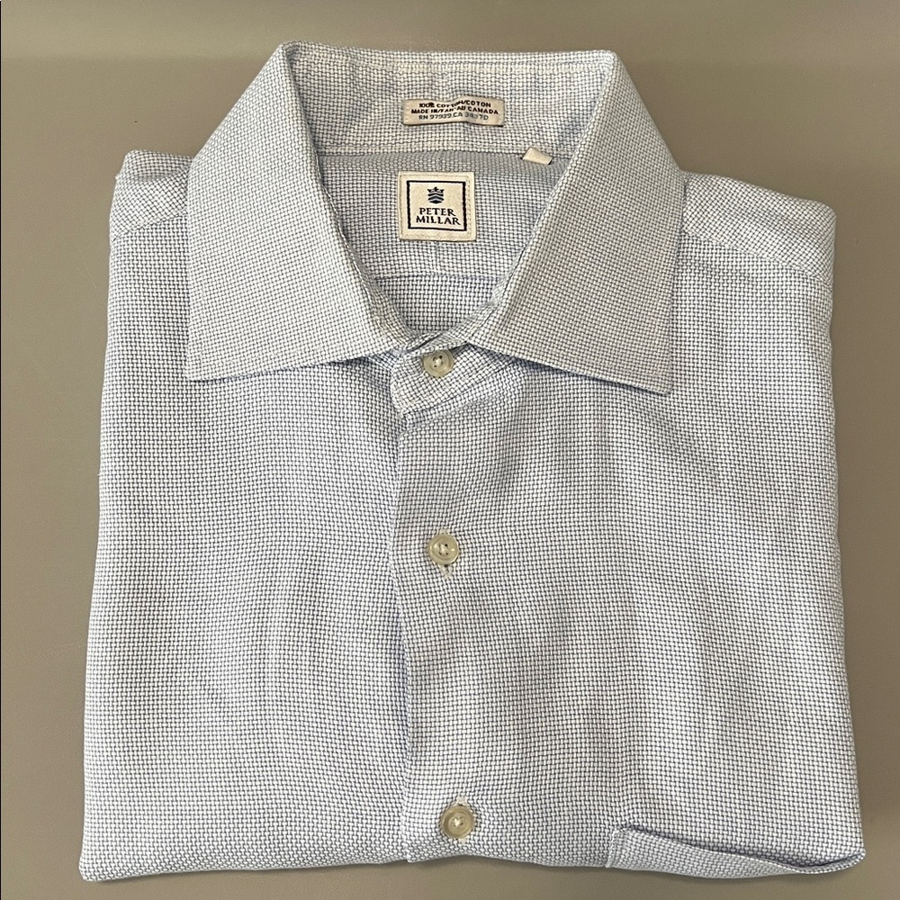 Peter Millar Textured Cotton Button Down Shirt White/Blue Size 16R *Flaw